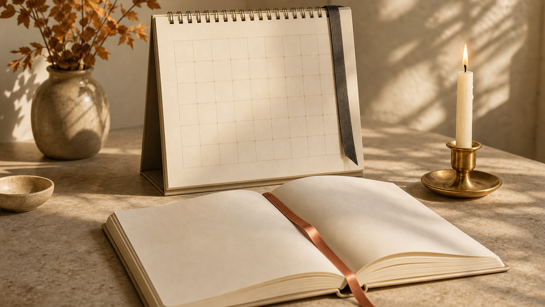 Cream desk calendar, open journal with ribbon markers, and an ivory birthday candle on a limestone desk in soft daylight.