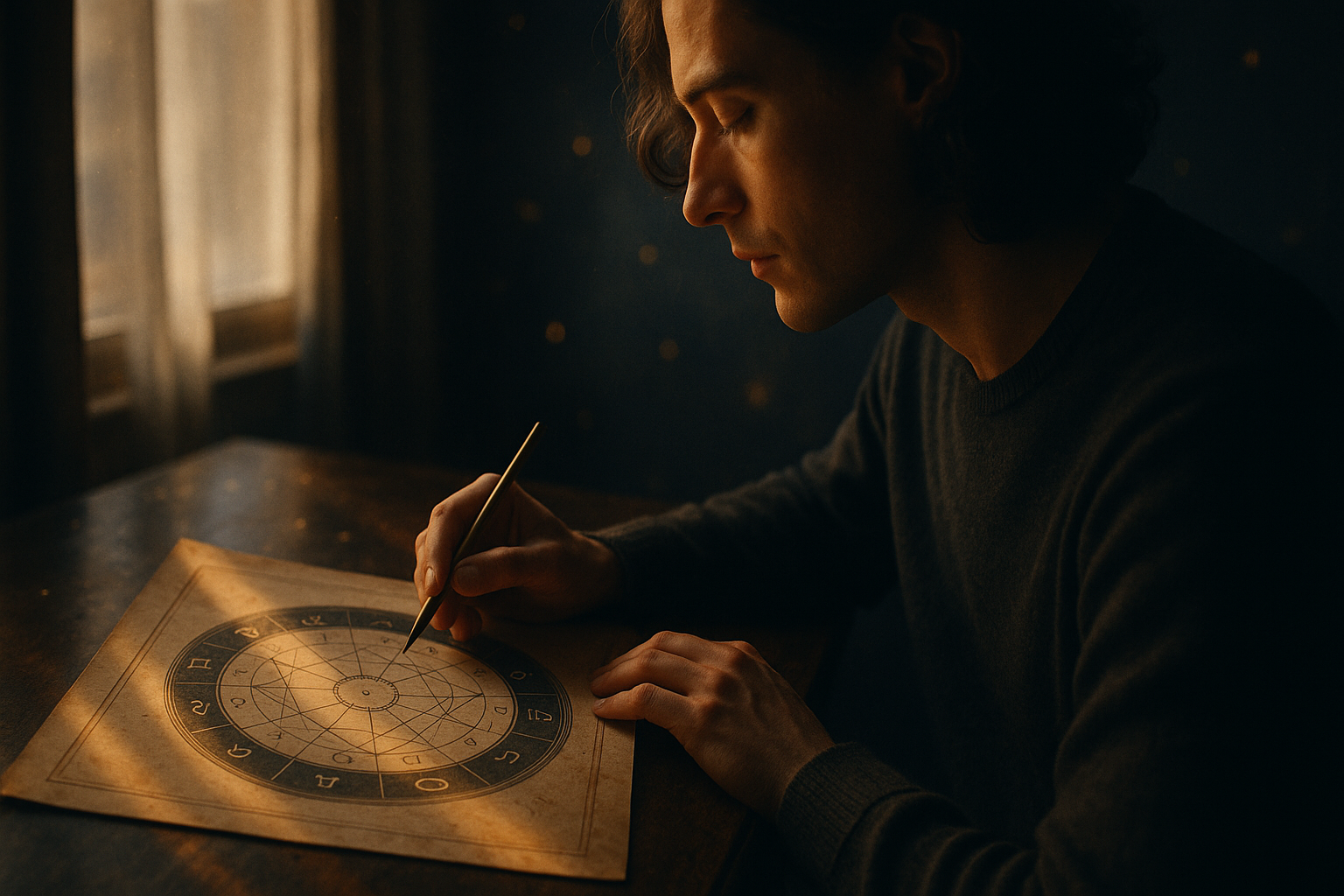 Uma pessoa estudando um mapa astral em papel sob a suave luz da janela com sutis reflexos celestes