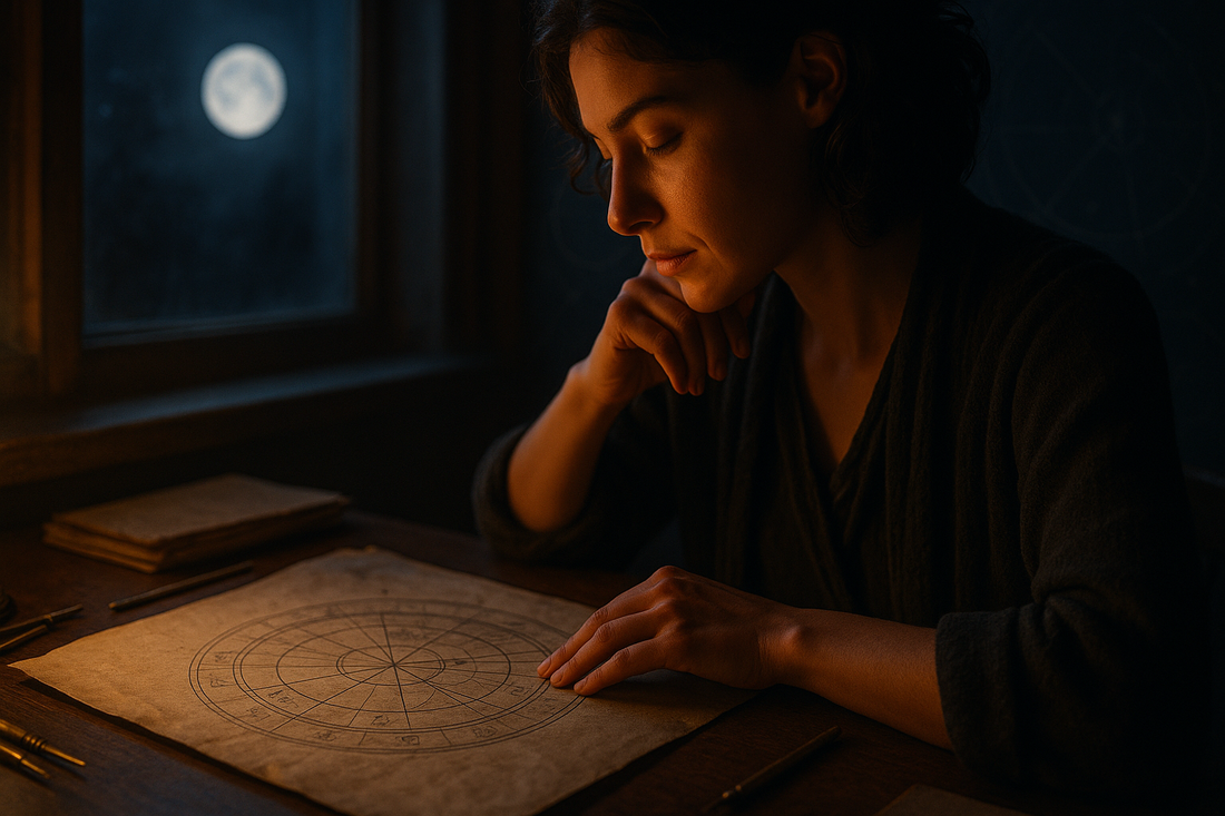 Uma pessoa contemplativa estudando um mapa natal védico de estilo antigo sob o luar com instrumentos de latão e sutil geometria cósmica.
