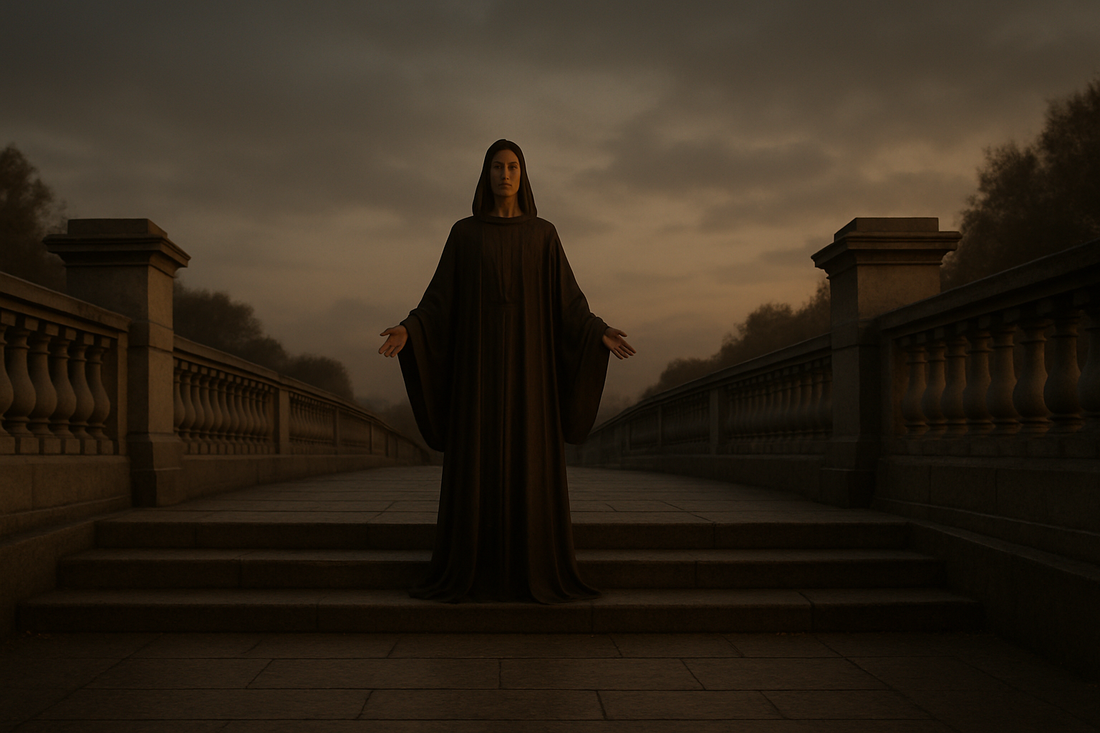 Elegant figure standing on a symmetrical stone terrace at dusk, symbolizing balanced power, responsibility, and inner authority