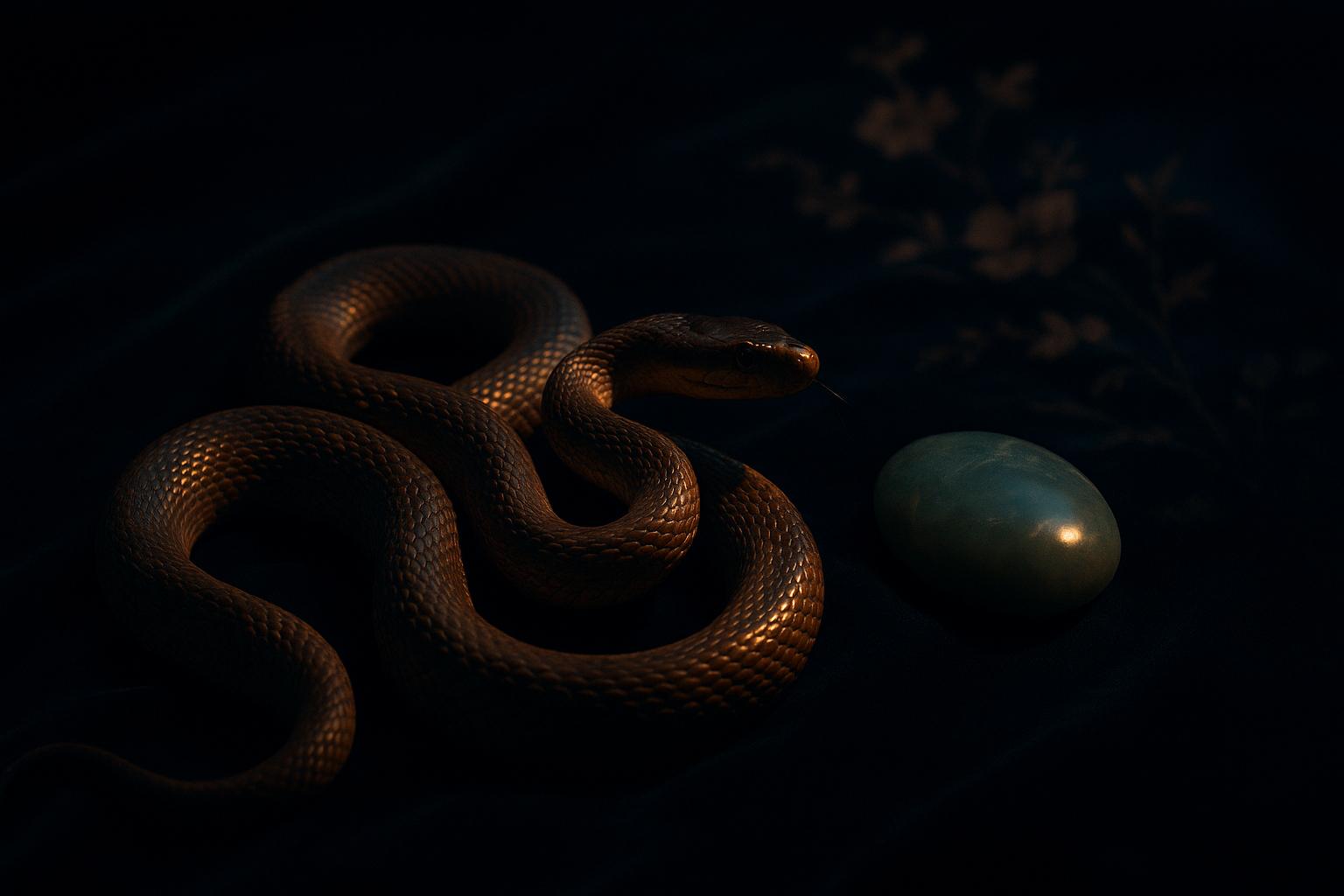 Elegant snake coiled on dark velvet beside jade in soft moonlight, symbolizing Snake Chinese zodiac compatibility, trust, and emotional depth.