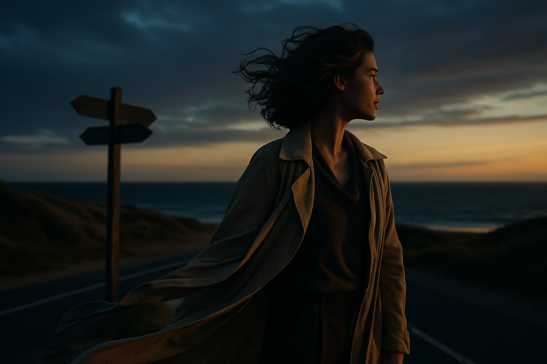 A reflective person standing at a coastal crossroads at dusk, symbolizing life path number 5, freedom, change, and self-discovery.
