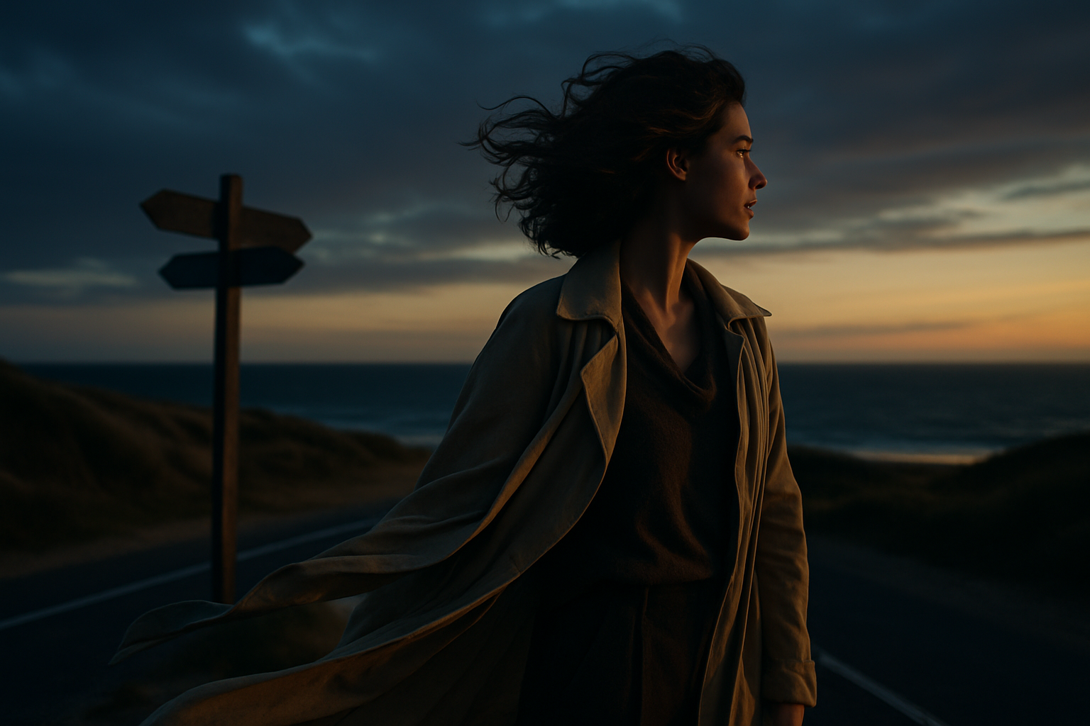 A reflective person standing at a coastal crossroads at dusk, symbolizing life path number 5, freedom, change, and self-discovery.
