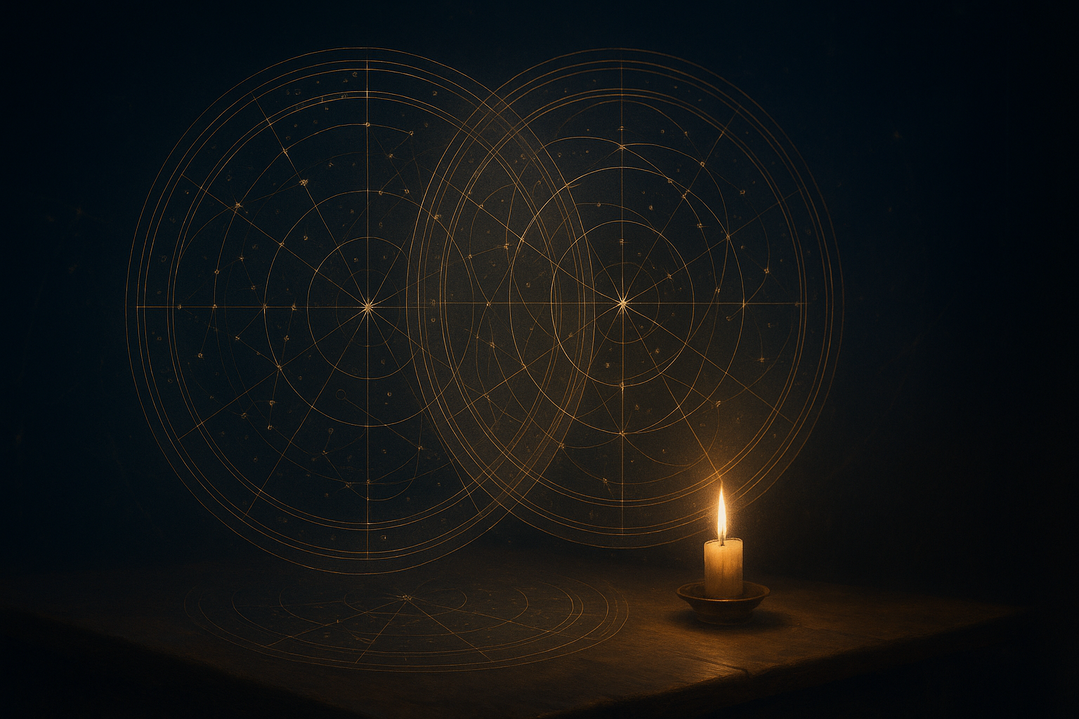 Two translucent astrology birth charts overlapping above a candlelit table in midnight blue and warm gold tones.
