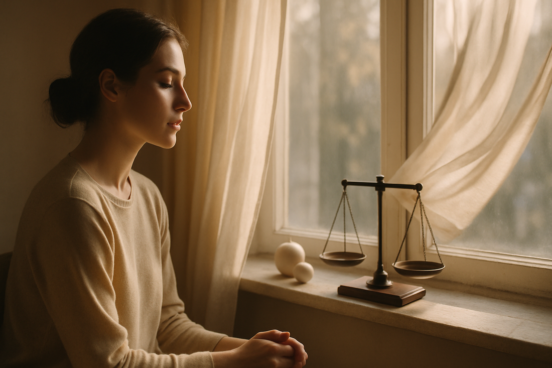 Uma pessoa serena junto a uma janela sob a suave luz da manhã, cercada por objetos equilibrados e cortinas delicadas, simbolizando a calma e a clareza de Libra hoje.