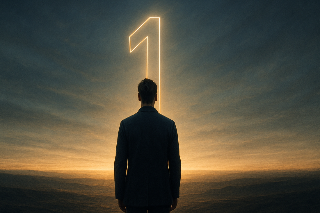 A solitary figure at a sunrise horizon with a subtle vertical beam of light symbolizing life path number 1, beginnings, leadership, and self-trust.