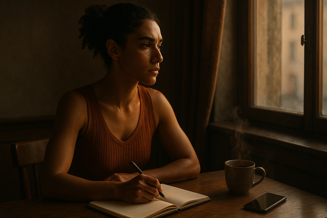 Uma pessoa inspirada em Áries sentada em foco tranquilo junto a uma janela com um caderno, chá e um telefone em pausa sob a suave luz da manhã.