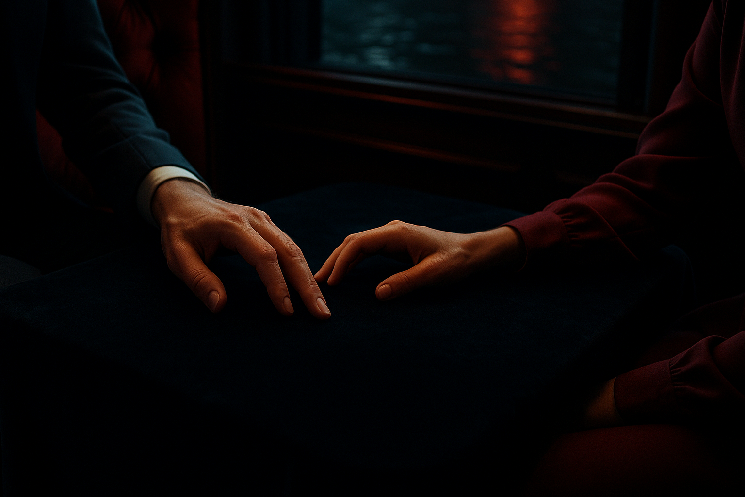 Two people seated in a dim intimate room with hands nearly touching over dark velvet, evoking Venus in Scorpio themes of trust, depth, and emotional intimacy.