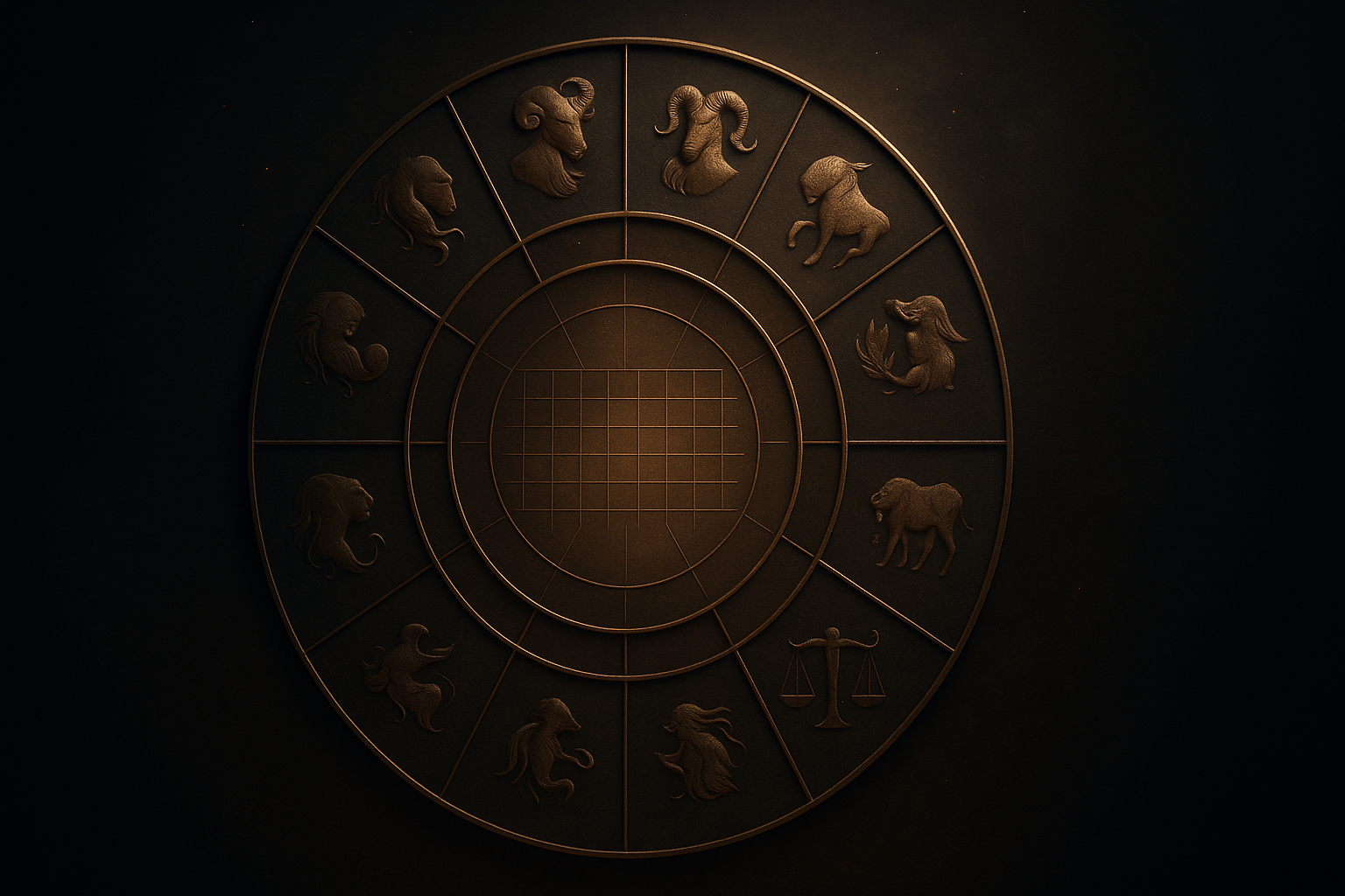 A refined zodiac wheel surrounding a moonlit calendar in warm bronze cosmic light