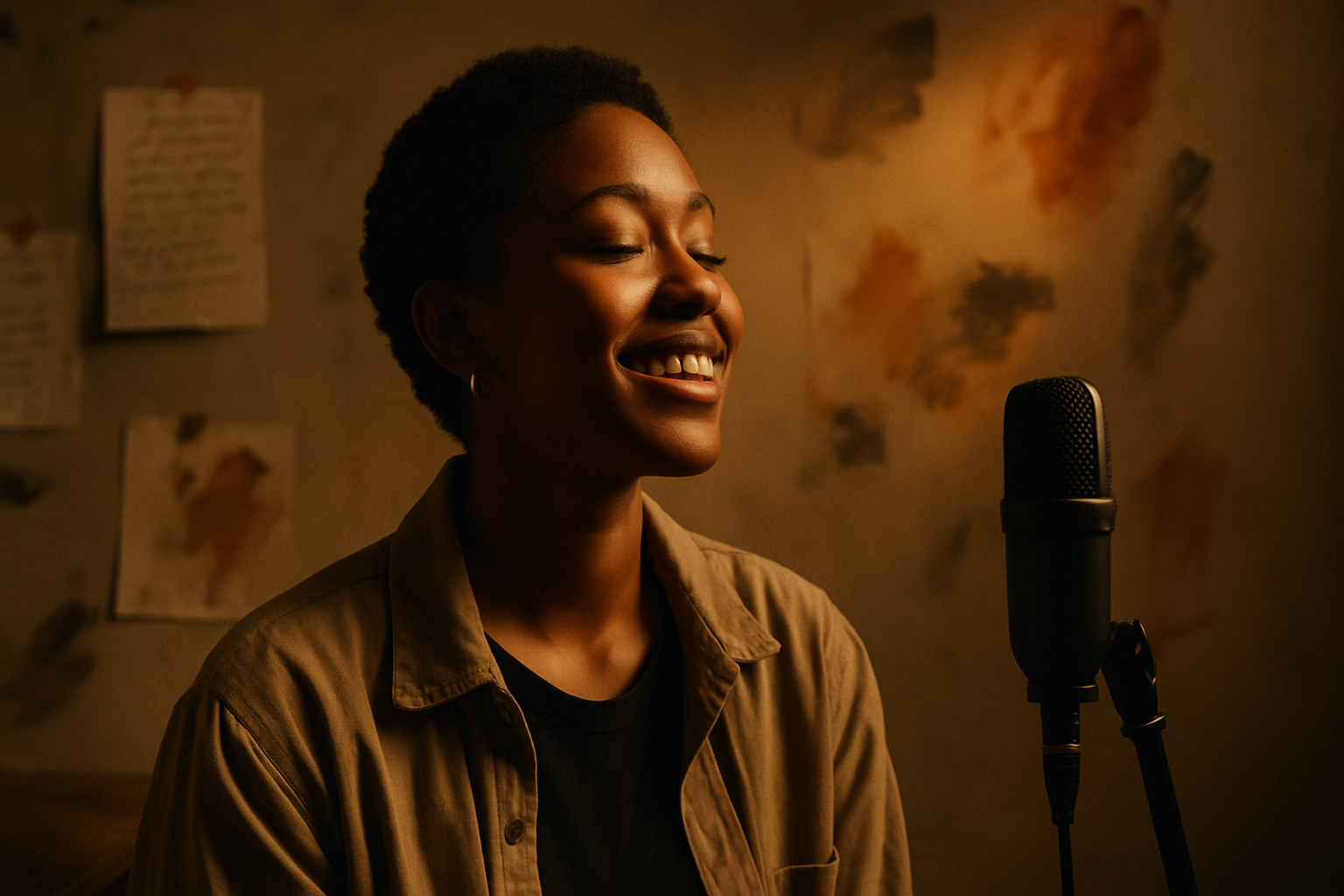 A reflective person in warm studio light surrounded by handwritten notes, art materials, and a microphone, symbolizing life path number 3 creativity and expression.