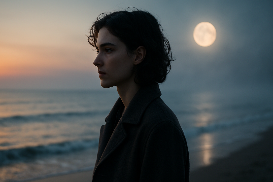 A reflective person standing at a shoreline at dawn, symbolizing the June 20 Gemini threshold near Cancer season.