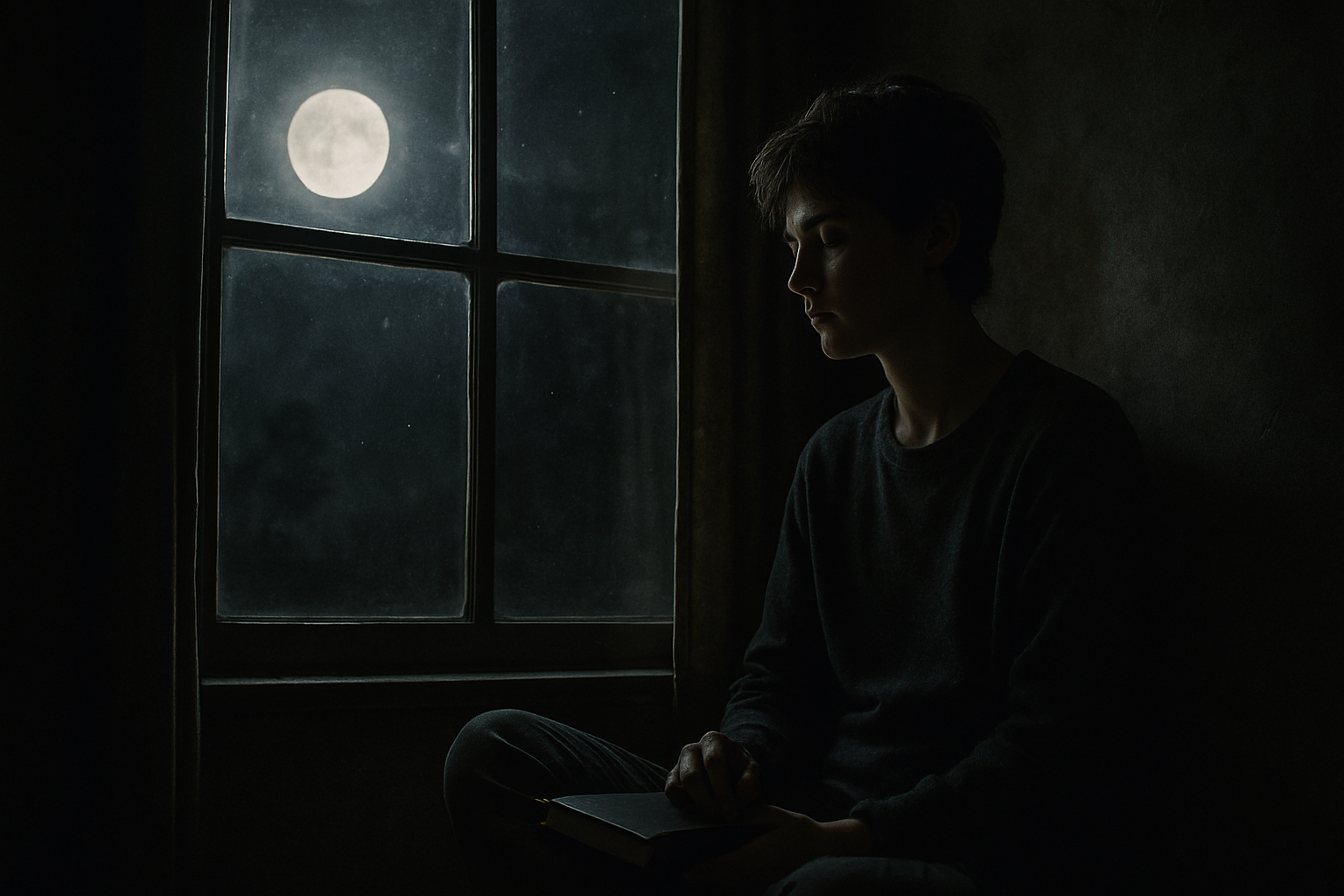 A person sitting quietly by a moonlit window with a journal, reflecting on their zodiac moon sign and inner emotional life.