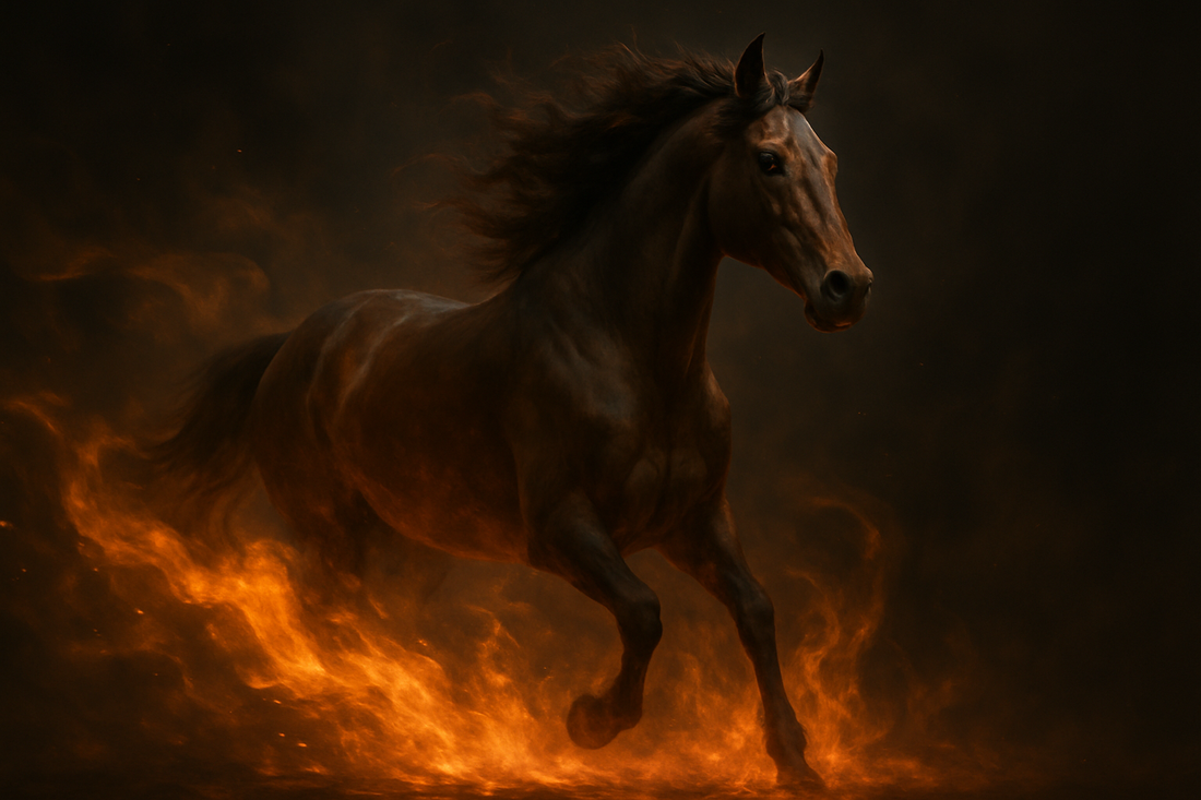 A powerful horse emerging through flowing fire and warm light, symbolizing the Chinese zodiac Fire Horse.