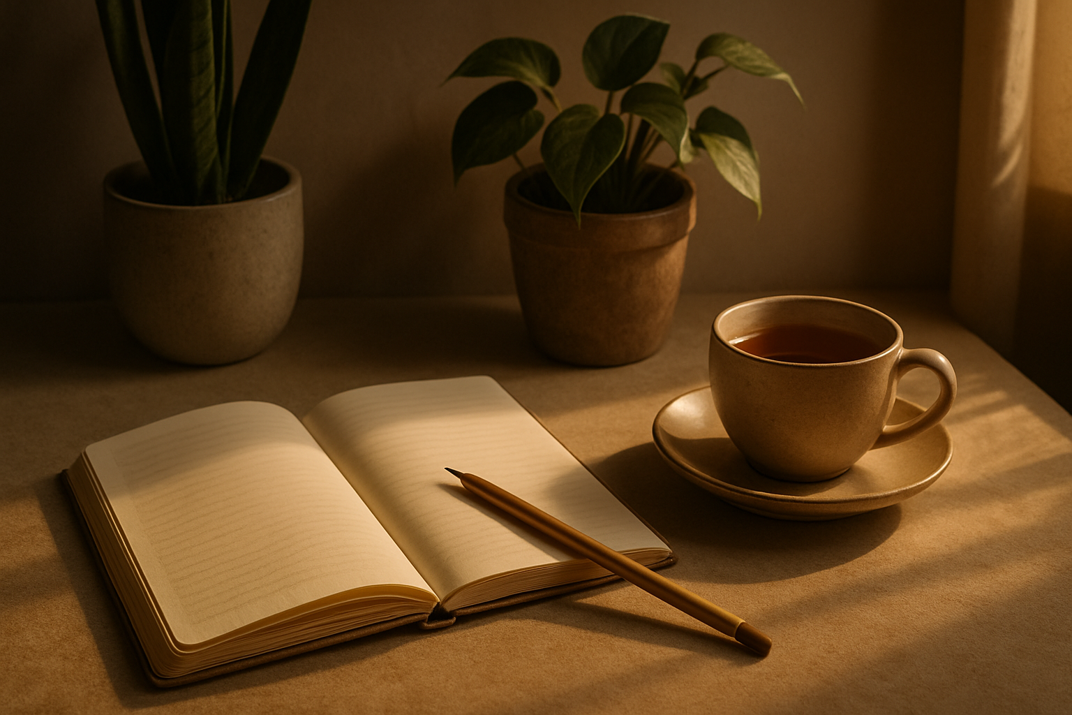 Uma escrivaninha serena inspirada em Virgem ao amanhecer com um diário aberto, xícara de chá, lápis, plantas delicadas e luz natural cálida.
