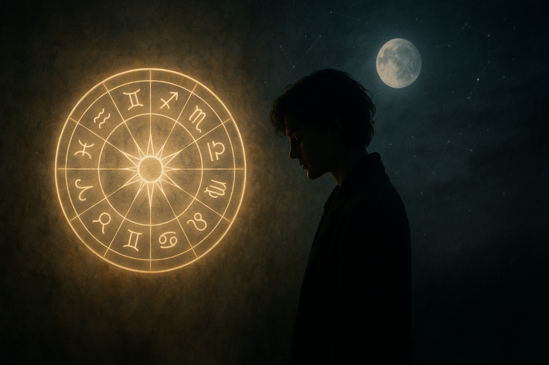 Uma pessoa contemplativa ao lado de uma roda do zodíaco suavemente luminosa, simbolizando o significado dos signos astrológicos e o autoconhecimento.