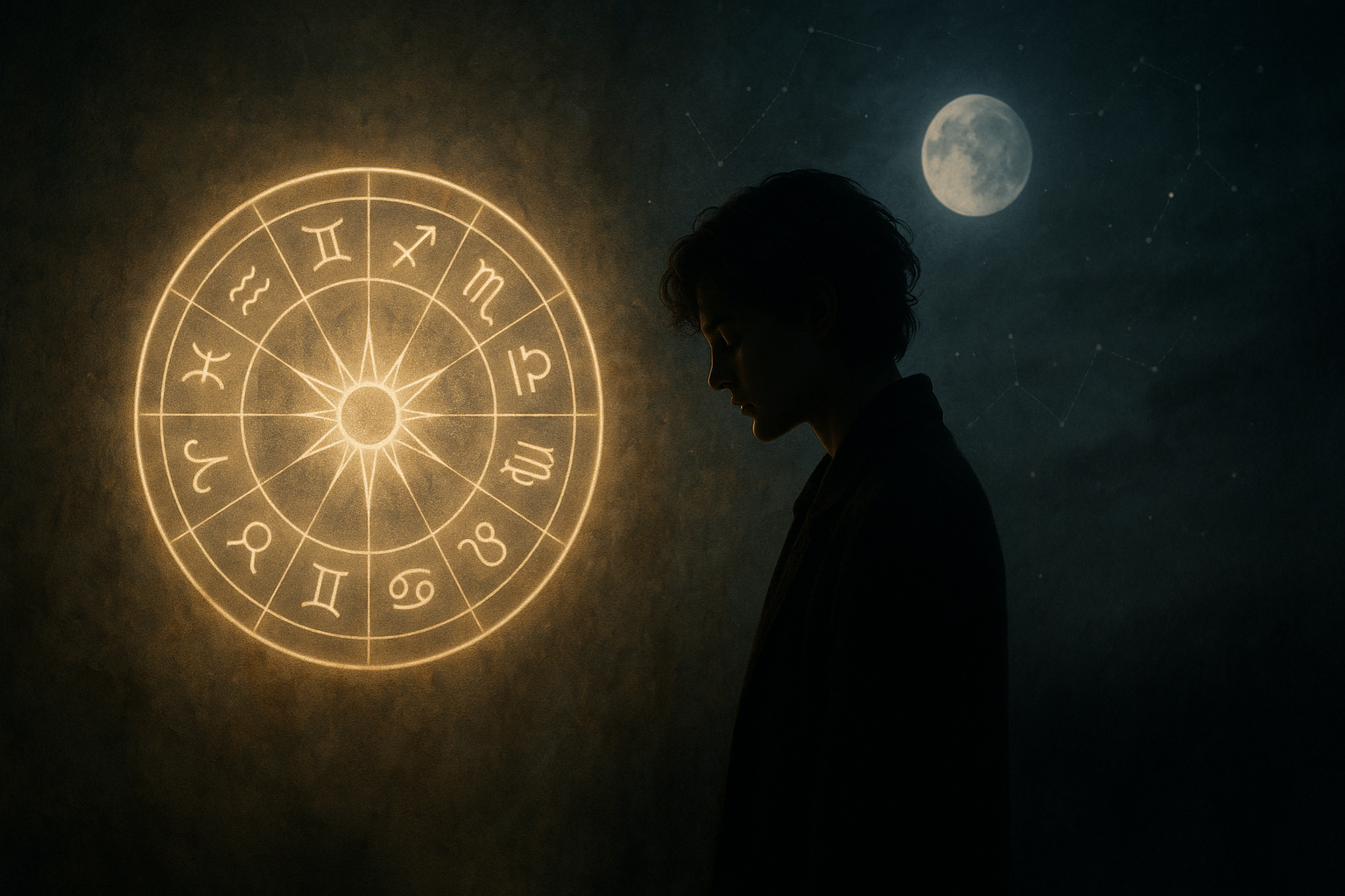 Uma pessoa contemplativa ao lado de uma roda do zodíaco suavemente luminosa, simbolizando o significado dos signos astrológicos e o autoconhecimento.