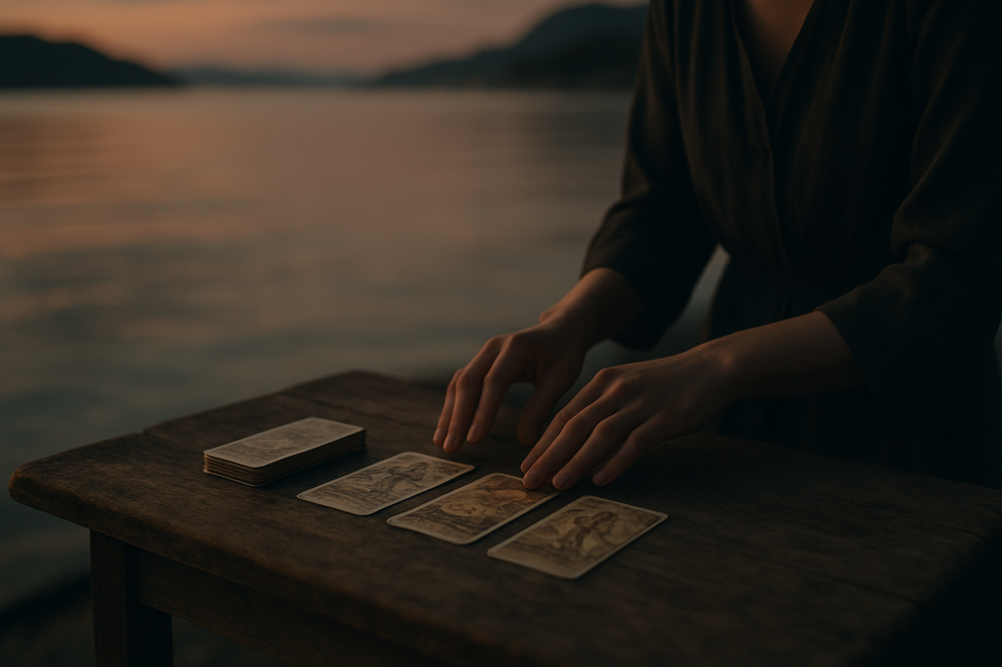 Cartas de tarô e um diário sobre uma mesa de madeira ao lado de uma baía tranquila ao entardecer, criando um clima espiritual calmo e reflexivo