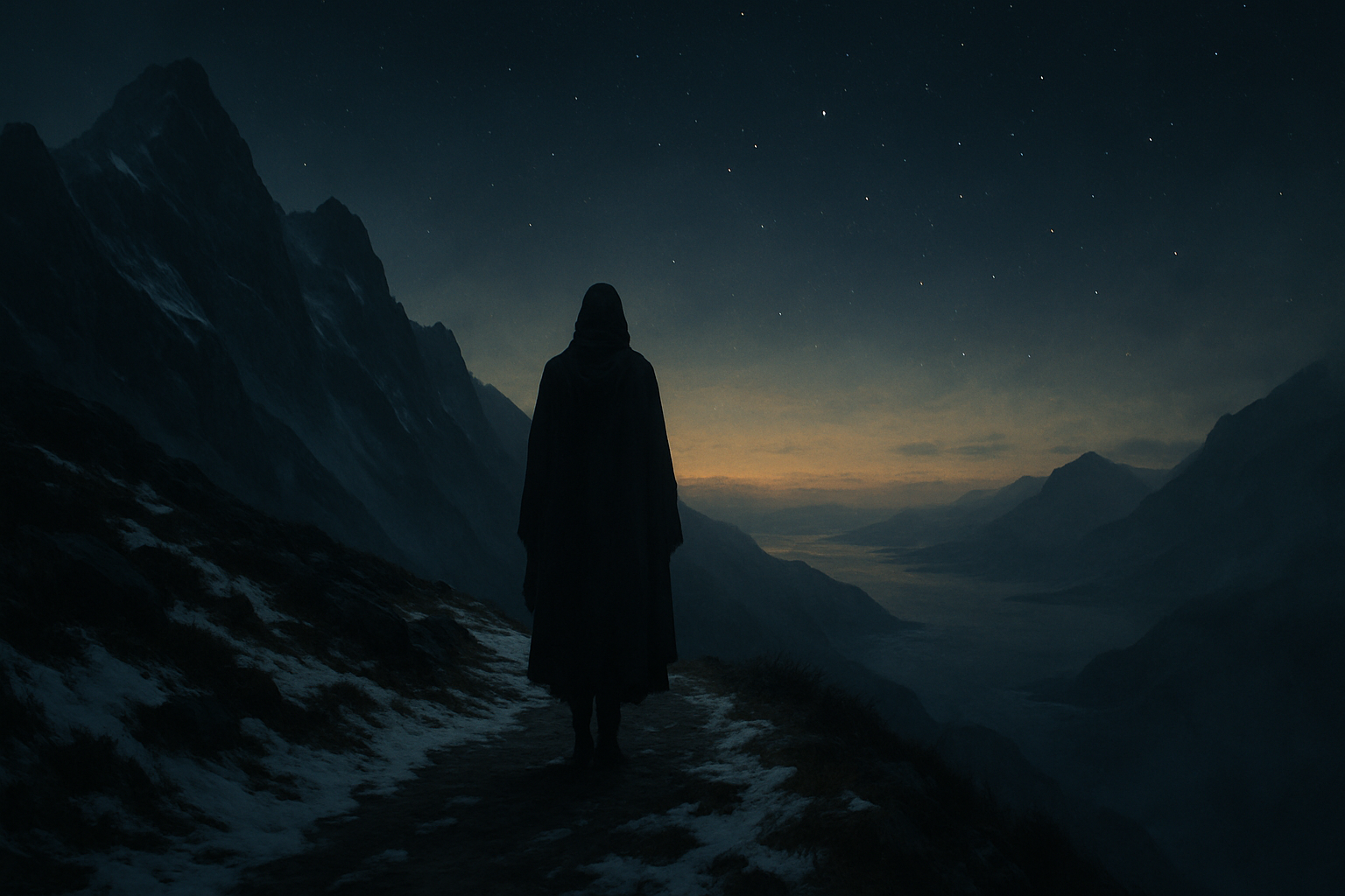 A solitary figure on a snow-dusted mountain path at winter dusk, symbolizing the December 22 Capricorn threshold.