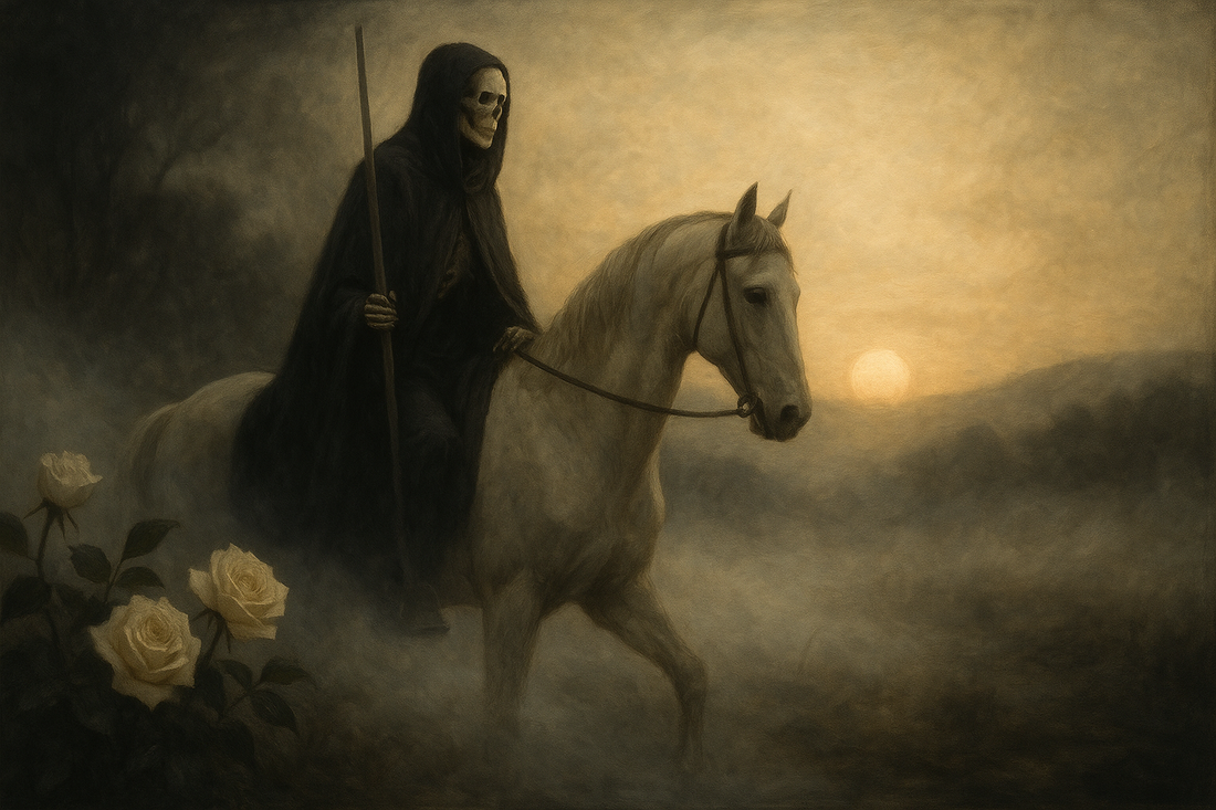 Symbolic Death tarot card scene with a skeletal rider on a white horse moving toward a rising sun, representing transformation and renewal.