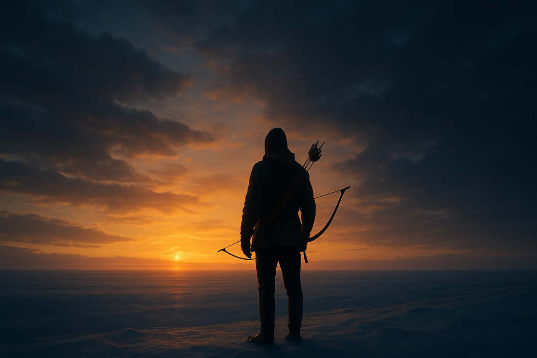 A solitary traveler at a winter sunset horizon, symbolizing December 21 Sagittarius threshold energy and quiet expansion.