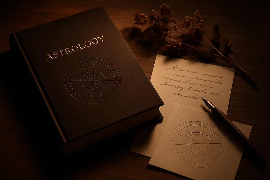 A personalized astrology book on a wooden table with a handwritten note, dried flowers, a vintage pen, and an embossed birth chart paper in soft moonlight.