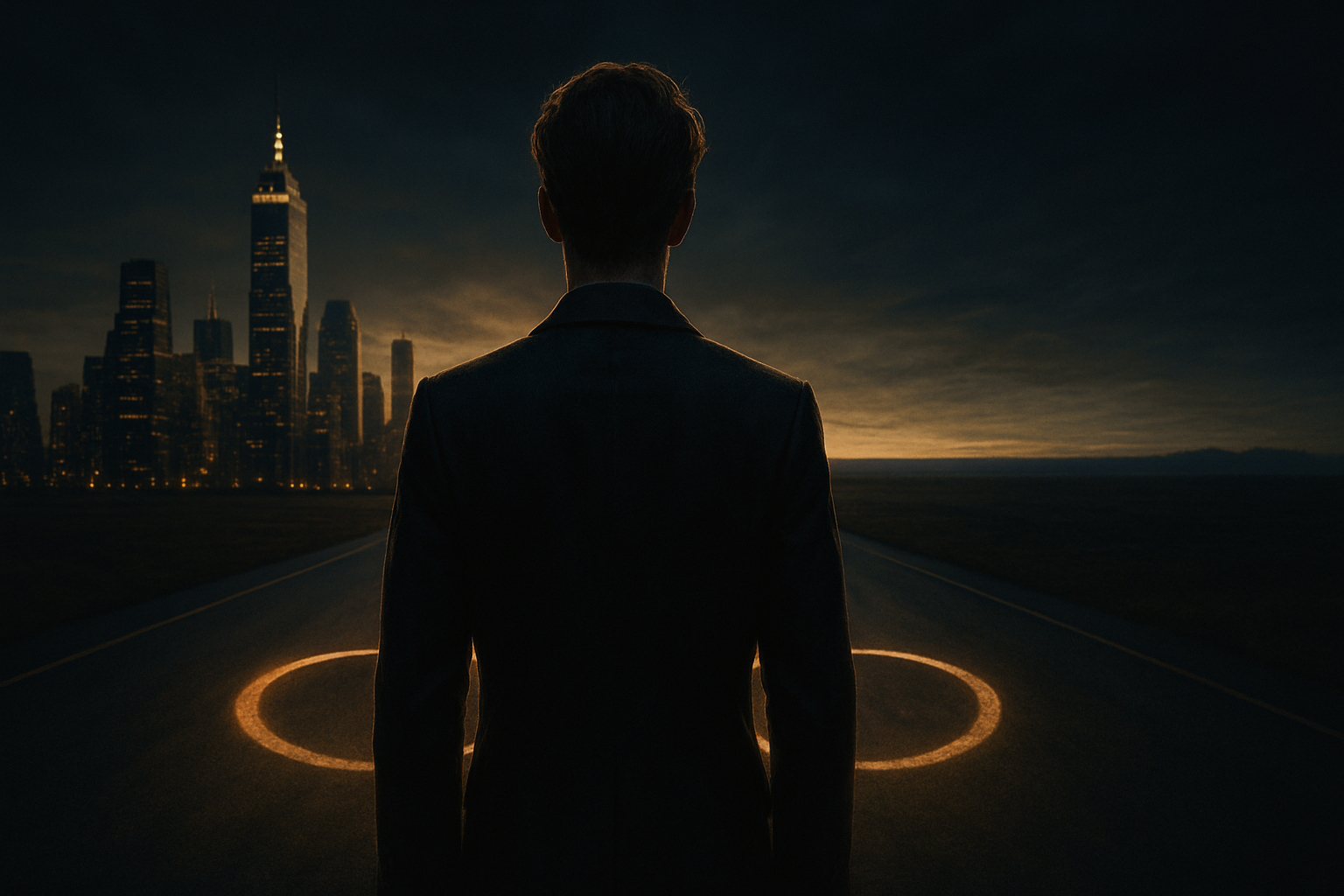 Person standing at a crossroads between a city skyline and horizon light with subtle infinity symbolism, representing life path number 8 balance and power