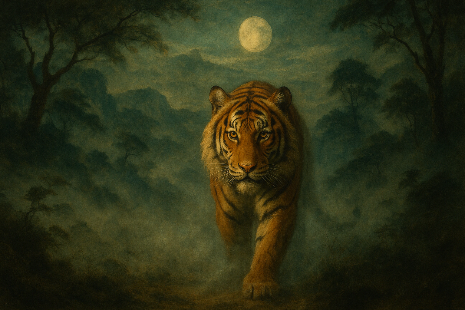 A tiger emerging through mist in a moonlit forest with amber light and jade shadows, symbolizing Chinese zodiac Tiger energy.