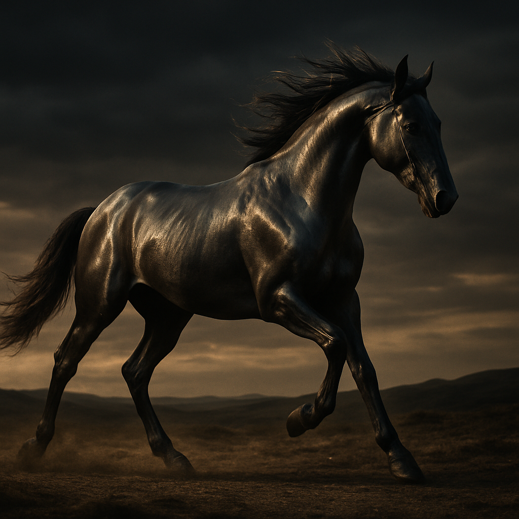 A lone horse moving across a windswept dusk landscape with subtle metallic light, symbolizing the 1990 Metal Horse in Chinese astrology.