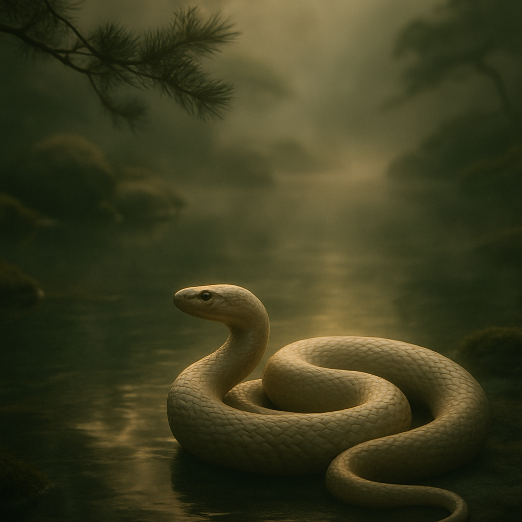 A serene snake beside misty water in jade and amber tones, symbolizing wisdom, renewal, and quiet power in the Chinese zodiac.