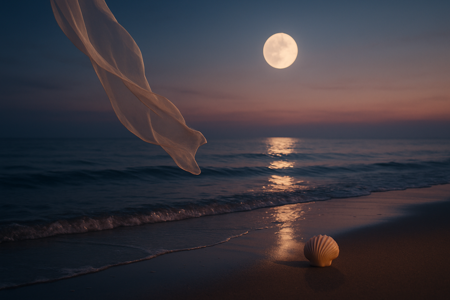 Moonlit shoreline at dusk with water reflections, a shell, and soft fabric symbolizing the June 21 threshold between Gemini and Cancer