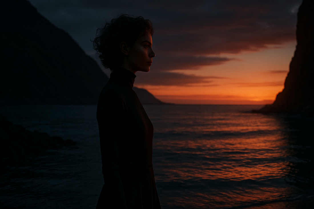 Person standing at a twilight threshold between shadowed water and a warm open horizon, symbolizing the November 22 Scorpio and Sagittarius transition.