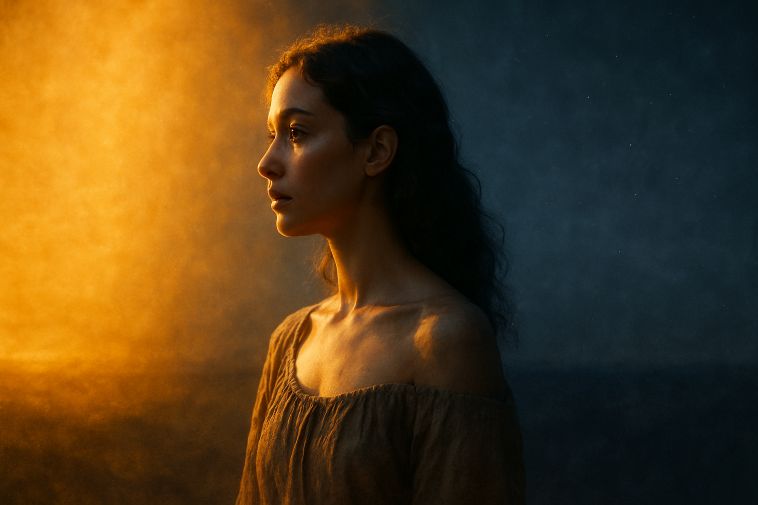 A reflective person standing between golden sunlight and cool twilight, symbolizing the July 23 transition into Leo season.