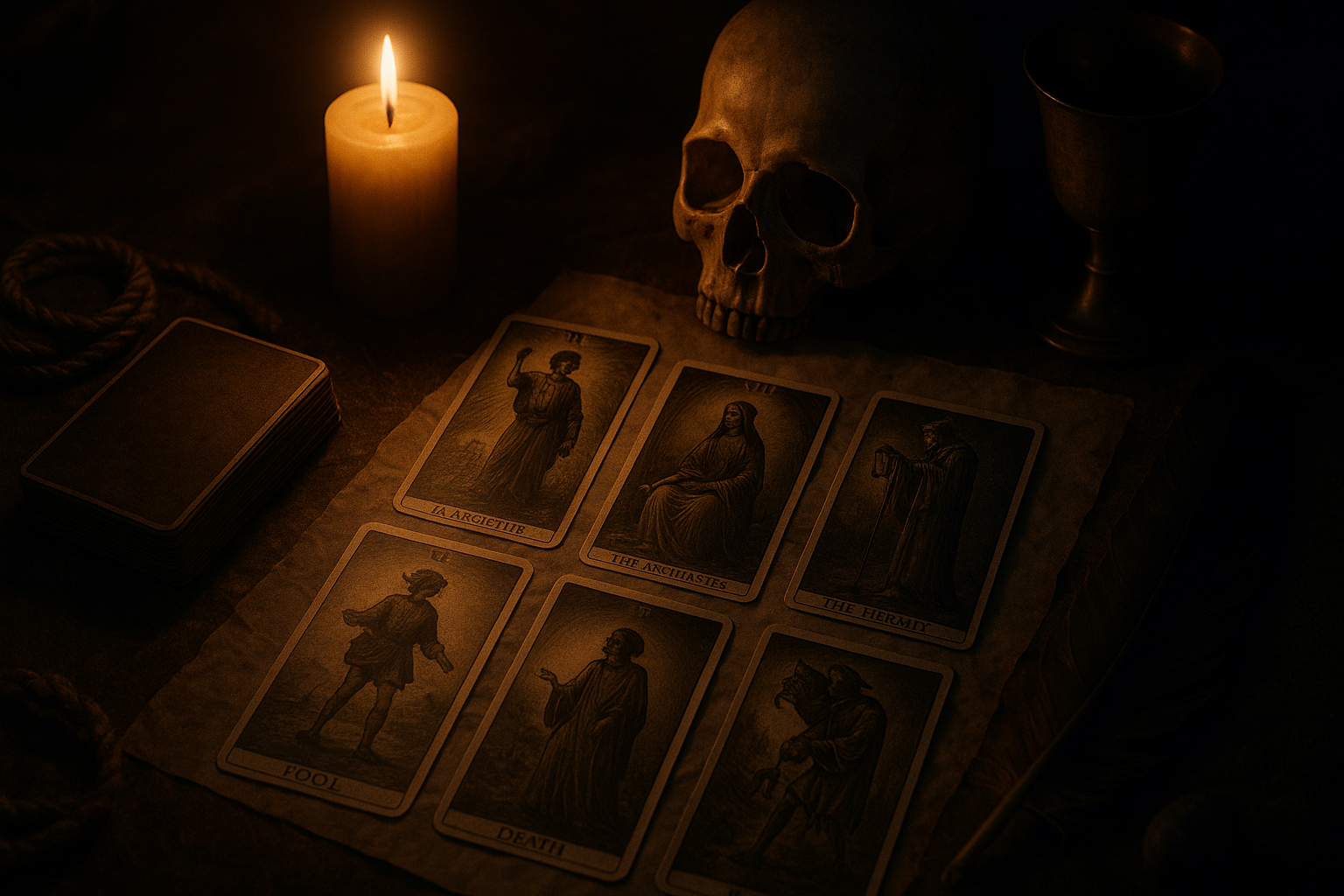 Tiragem de tarô cinematográfica com cartas dos Arcanos Maiores, luz de velas, papel envelhecido e sombras enluaradas para autorreflexão