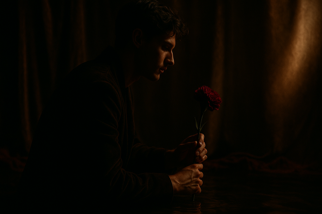 A solitary figure in moody light holding a deep red flower, symbolizing Venus in Scorpio in the 5th house themes of love, creativity, privacy, and transformation.