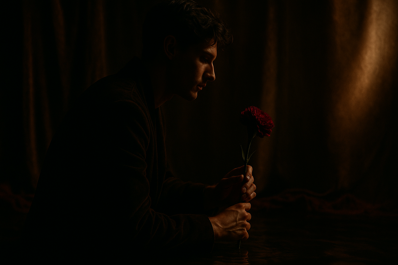 A solitary figure in moody light holding a deep red flower, symbolizing Venus in Scorpio in the 5th house themes of love, creativity, privacy, and transformation.