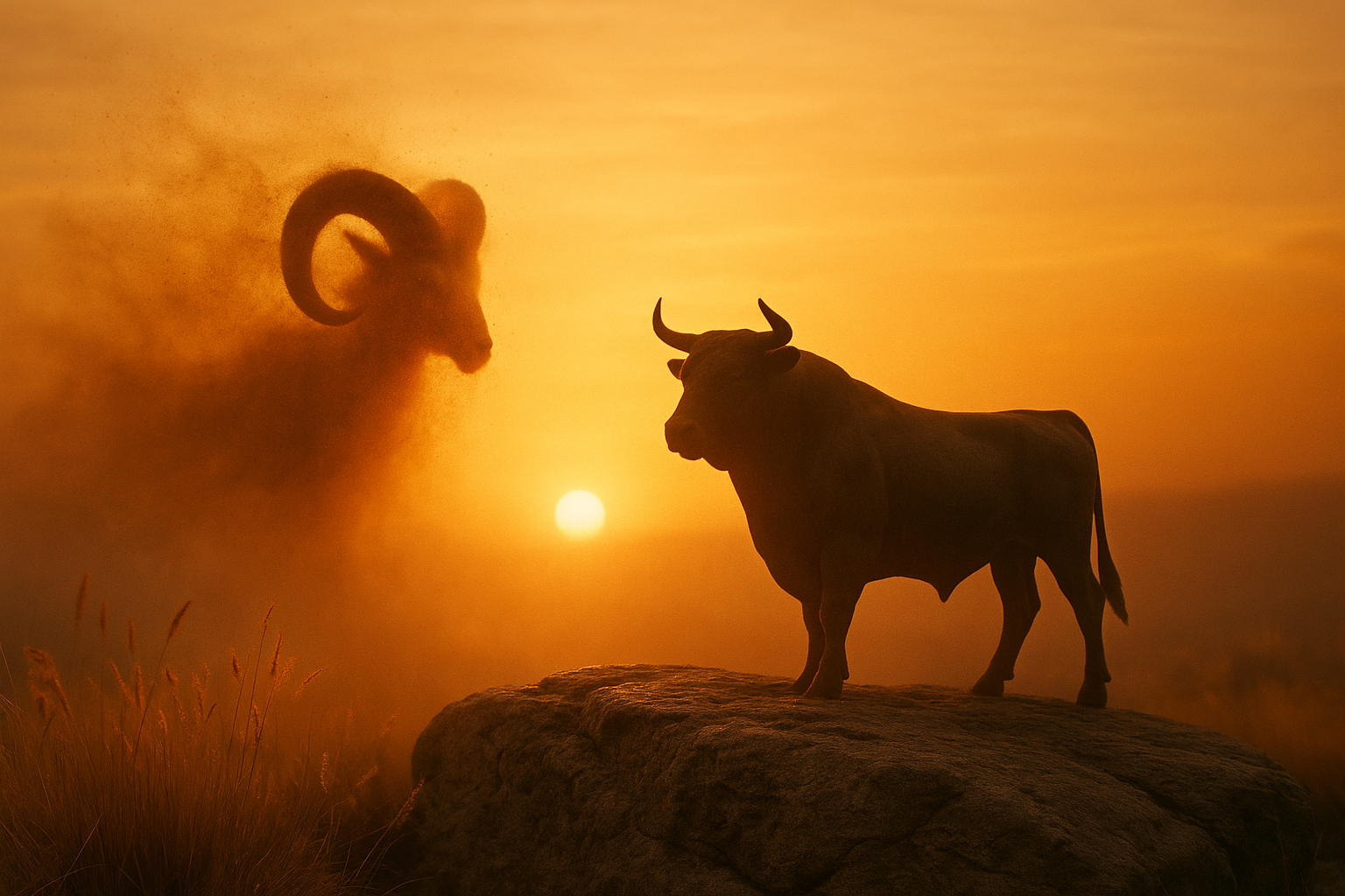 Cena simbólica ao amanhecer de uma silhueta de carneiro transformando-se em um touro, representando o limiar zodiacal de 20 de abril entre Áries e Touro.