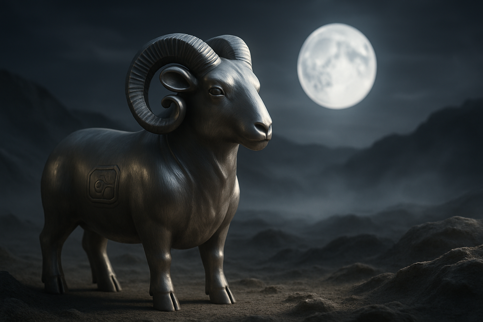 Serene silver-toned sheep under moonlight in a misty lunar landscape, symbolizing the 1991 Metal Sheep Chinese zodiac.