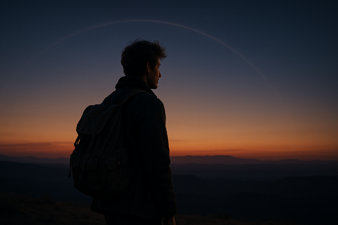 Viajante reflexivo de pé em um cume aberto ao entardecer, simbolizando a direção, a liberdade e a verdade interior de Sagitário