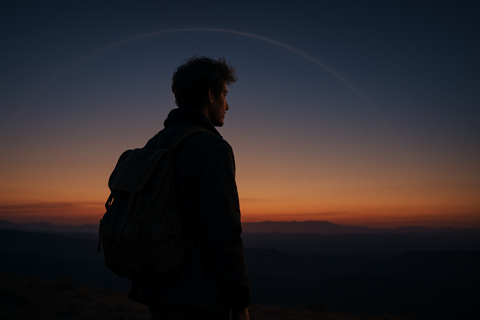 Viajante reflexivo de pé em um cume aberto ao entardecer, simbolizando a direção, a liberdade e a verdade interior de Sagitário