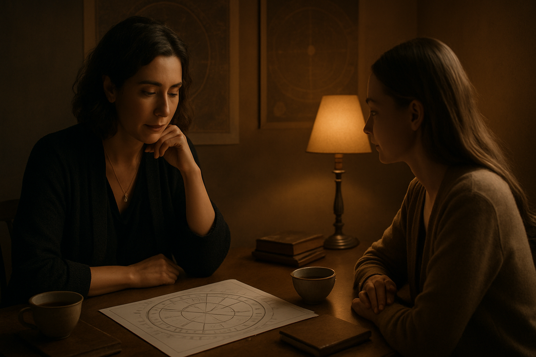 Uma consulta de astrologia tranquila com um leitor e um cliente revisando papéis de mapa astral em uma sala suavemente iluminada com cadernos e chá.