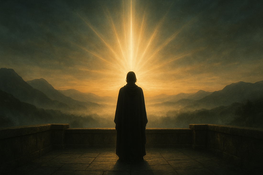 A solitary person standing at dawn before mountains and luminous sky, symbolizing Judgement tarot awakening and renewal.