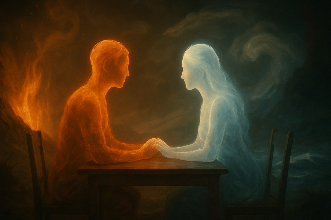 Duas figuras abstratas luminosas de frente uma para a outra em uma cena simbólica suavemente iluminada com sutis motivos de fogo, terra, ar e água.