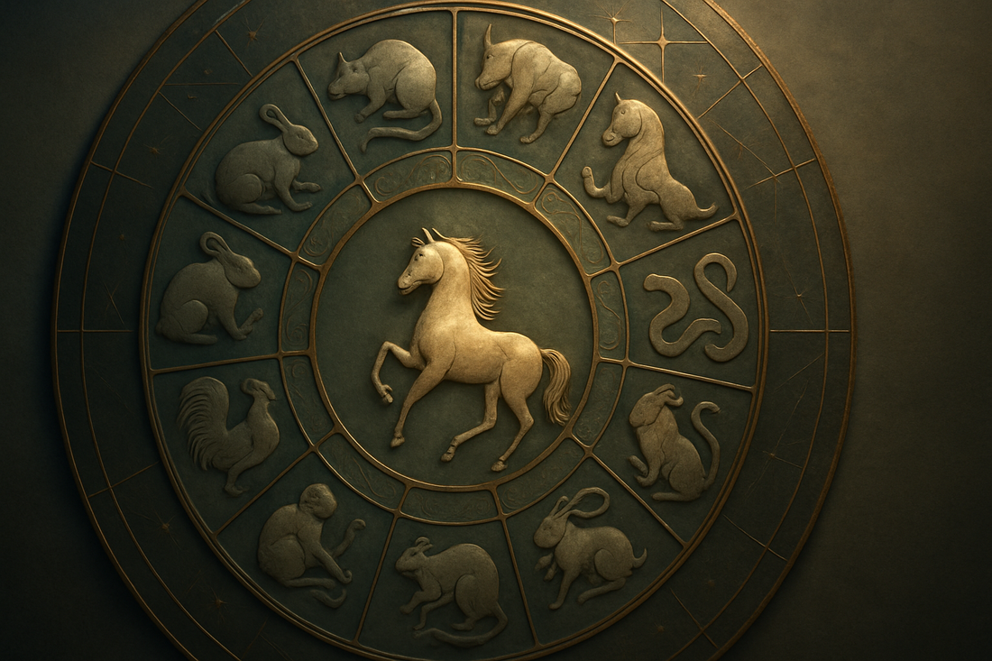 A circular Chinese zodiac wheel with twelve carved animal figures under moonlit jade and bronze tones, with the Horse subtly emphasized for 2026.