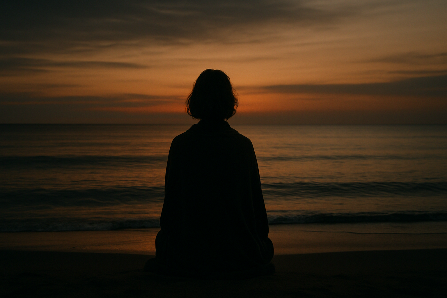 A solitary figure standing on a quiet shoreline at dusk, symbolizing completion, release, and compassionate inner wisdom.