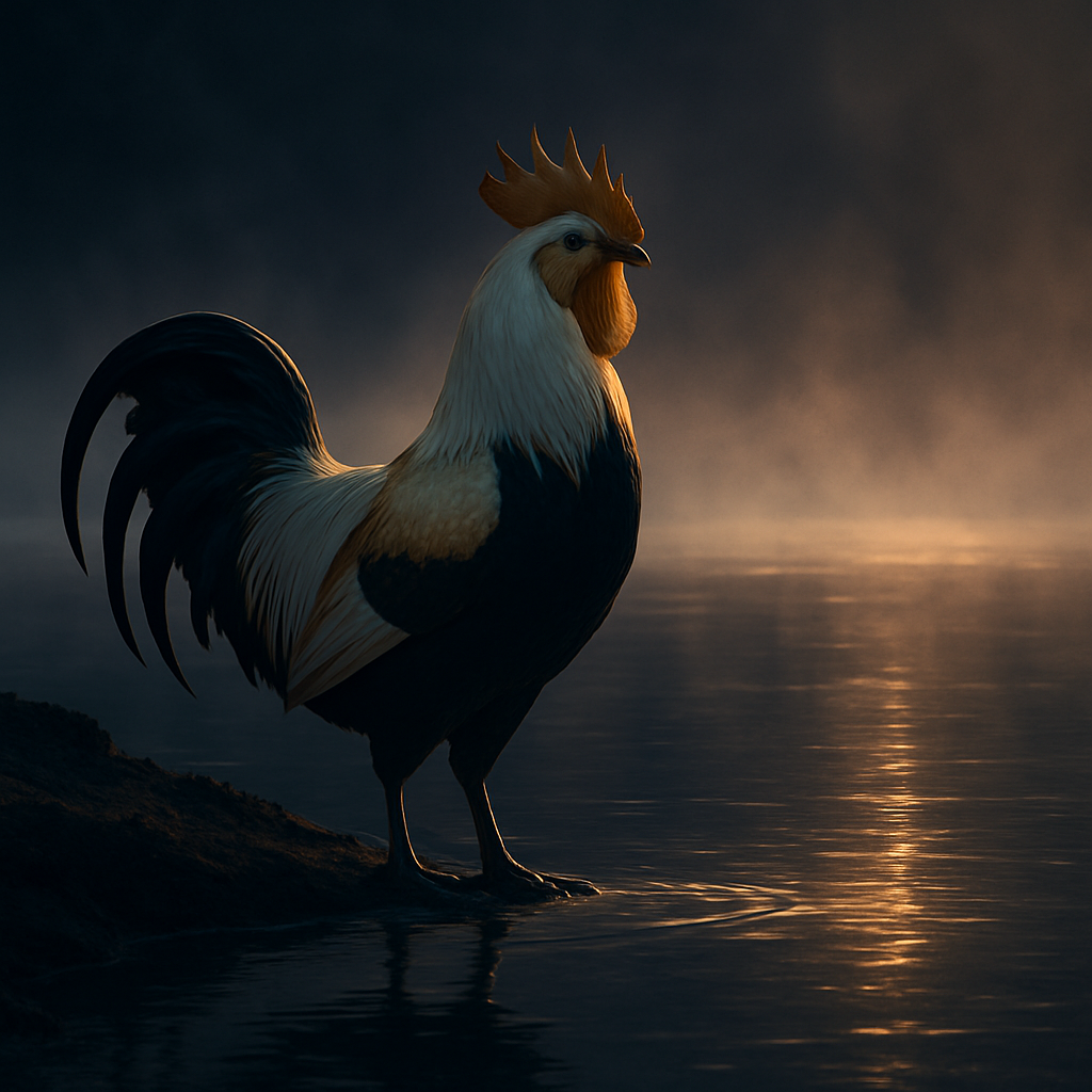 Symbolic Water Rooster standing beside flowing water at dawn with gold and white accents