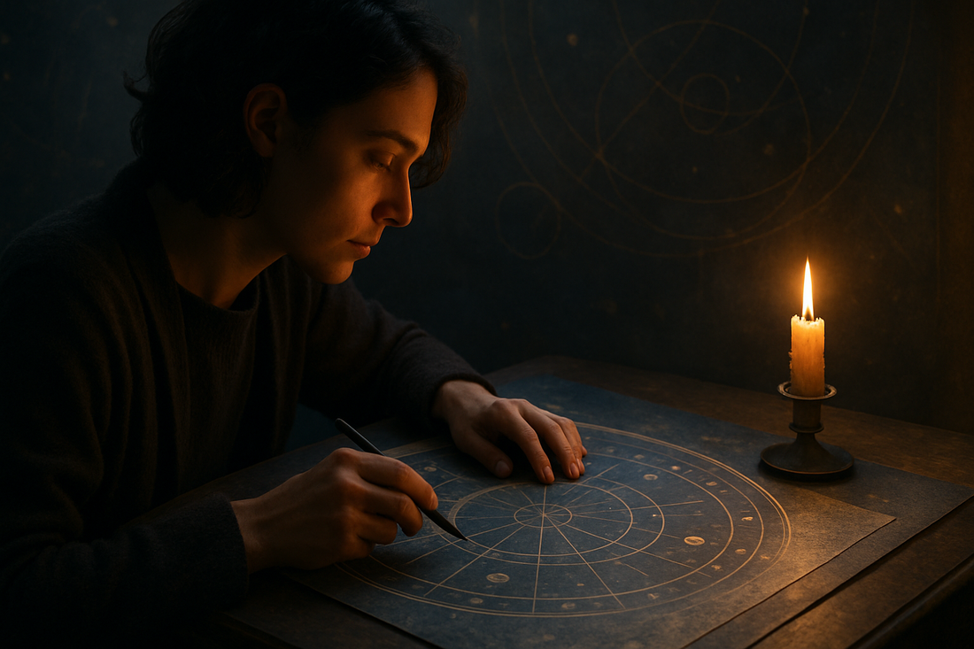 Person studying a printed zodiac birth chart by candlelight with handwritten notes and subtle celestial diagrams
