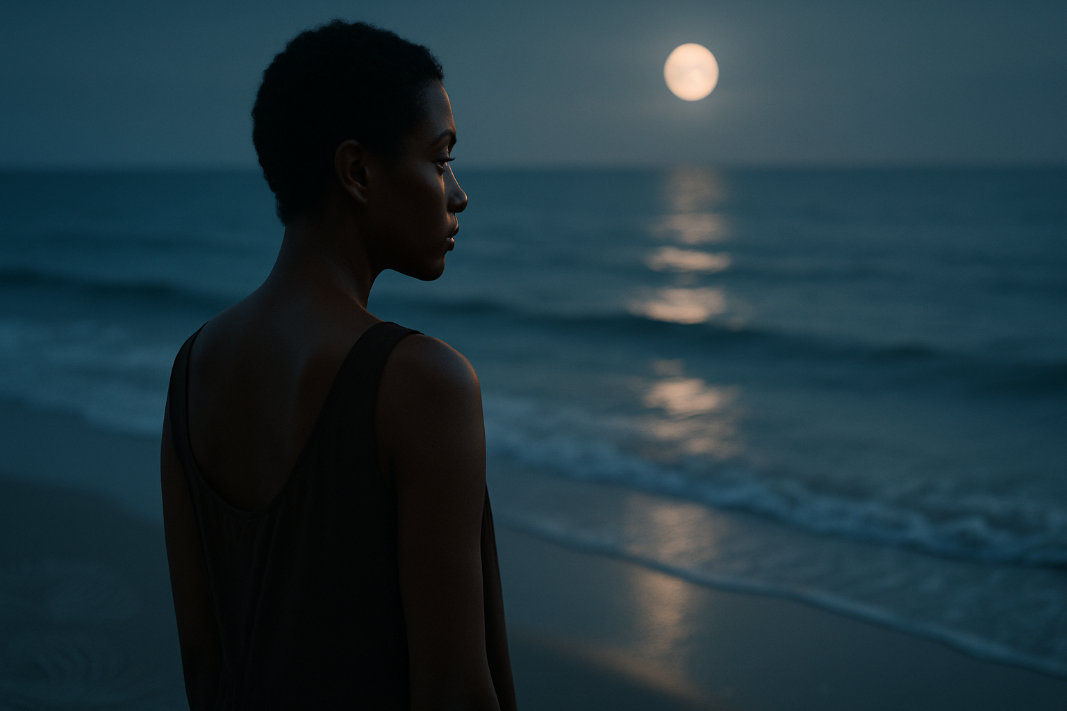 A reflective person standing beside a moonlit shoreline, symbolizing Cancer energy, tides, emotional safety, and the July 22 zodiac sign.