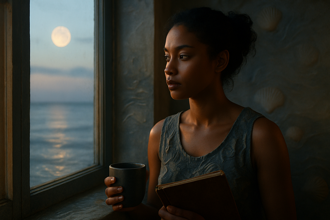 Figura inspirada em Câncer junto a uma janela ao amanhecer segurando um caderno sob uma suave luz semelhante à lunar com texturas oceânicas e confiança serena