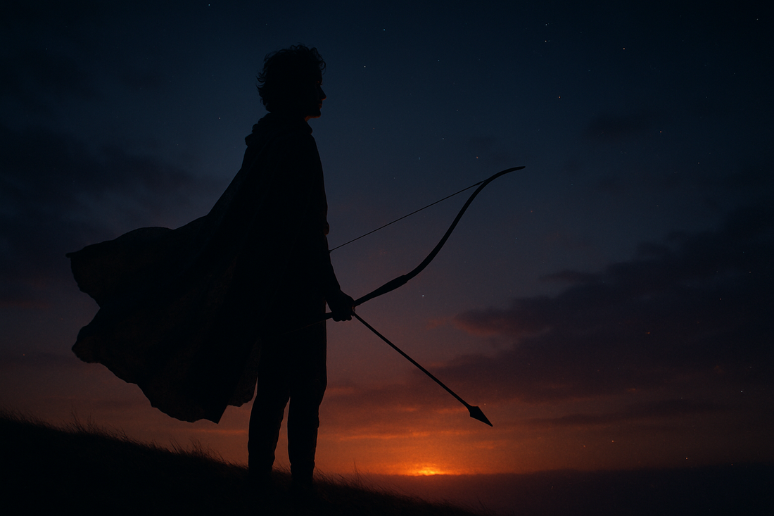 Uma figura reflexiva inspirada em Sagitário em um horizonte crepuscular com uma silhueta semelhante a uma flecha e um brilho distante.