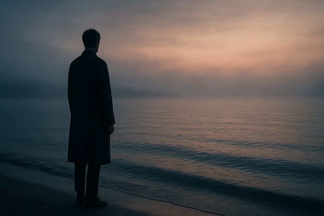 A solitary figure standing at a misty shoreline at dawn, symbolizing the reflective threshold energy of a March 20 Pisces birthday.